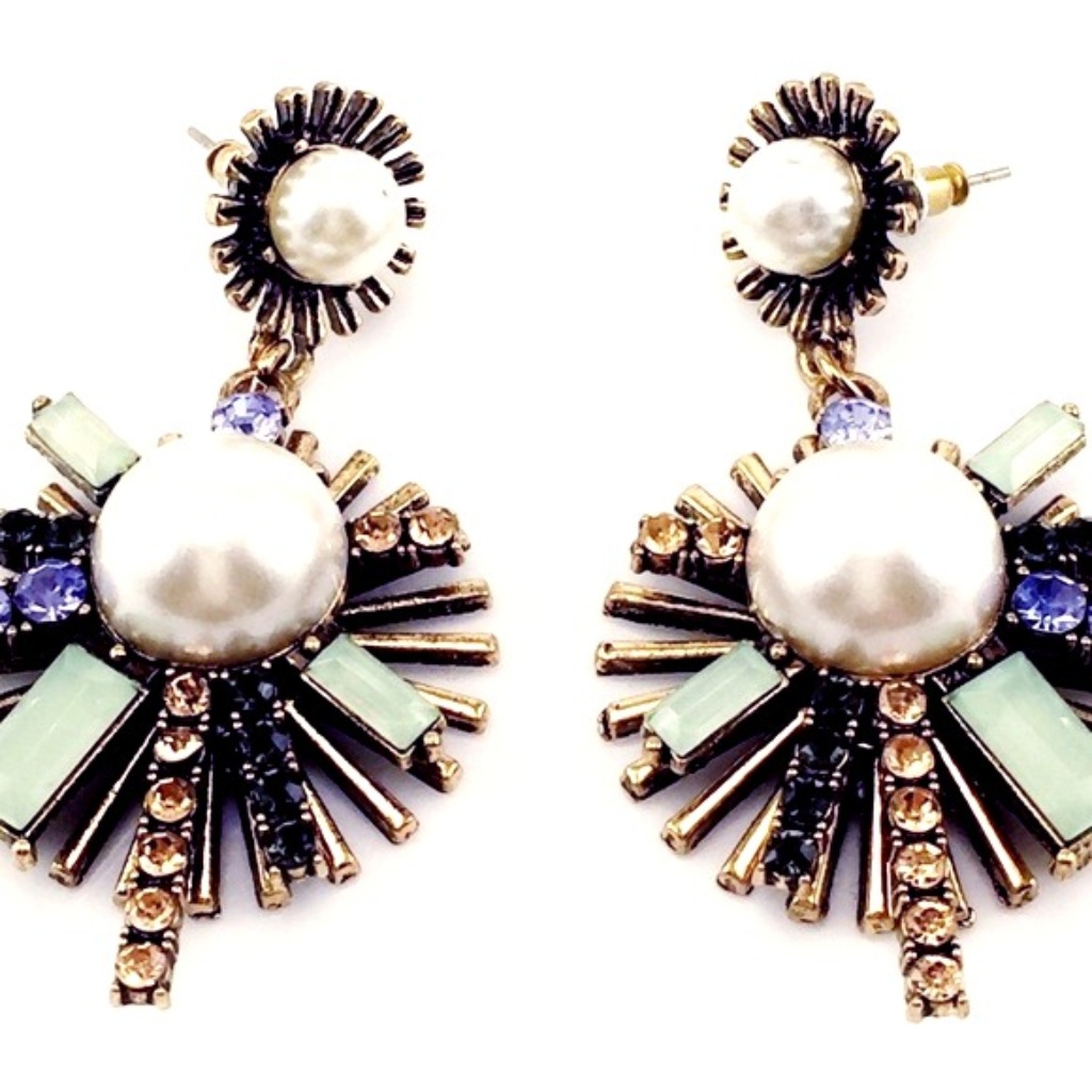 Dramatic Sputnik Earrings Rhinestone Pearl Pierced